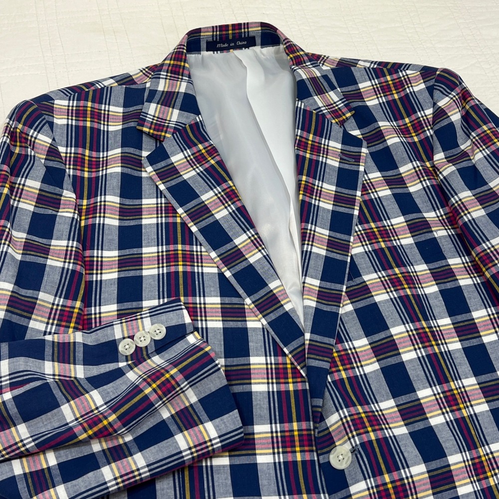 Alan Flusser Mens 46R Plaid Blazer Navy Red Yellow Cotton 2 Button Sport Coat